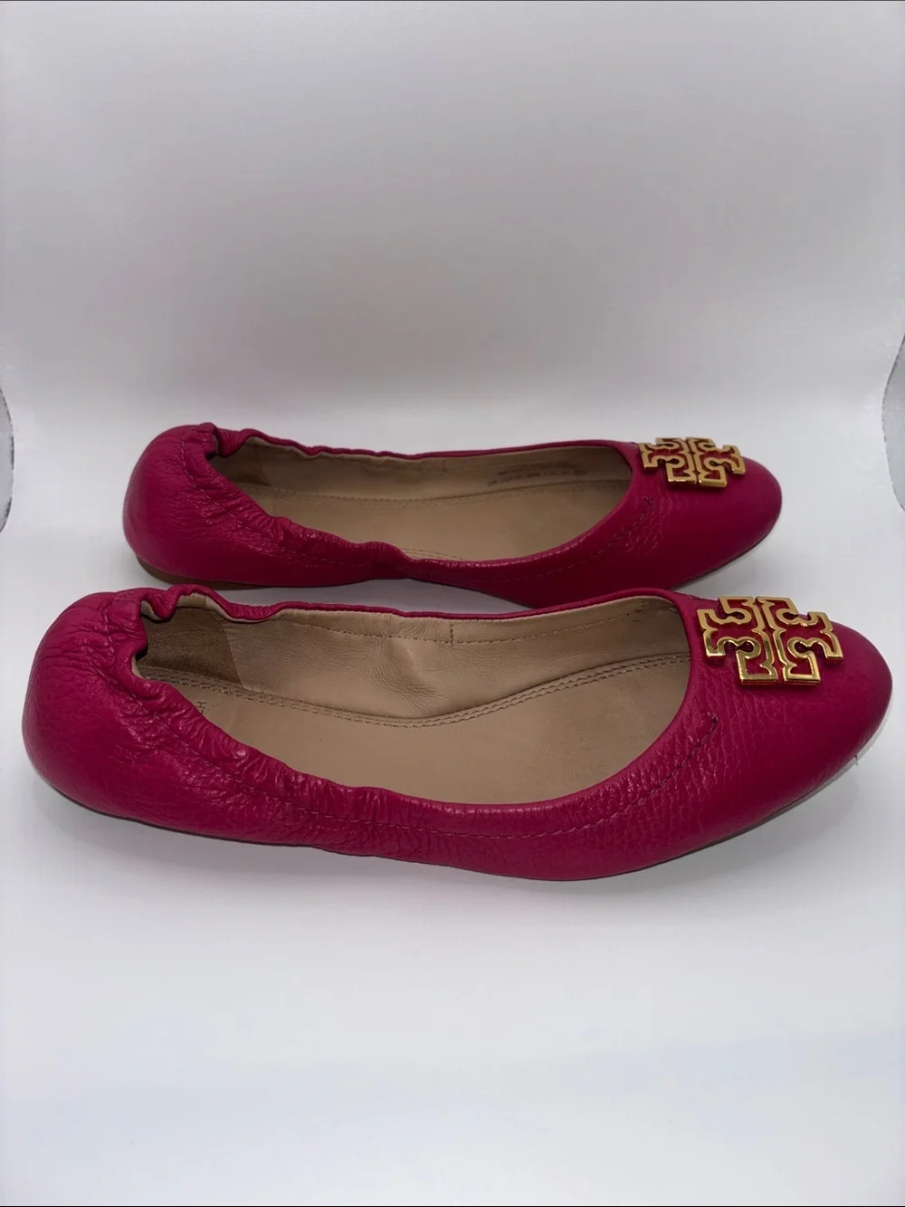 Tory Burch Hot Pink Leather Logo Ballet Flats with Gold Emblem